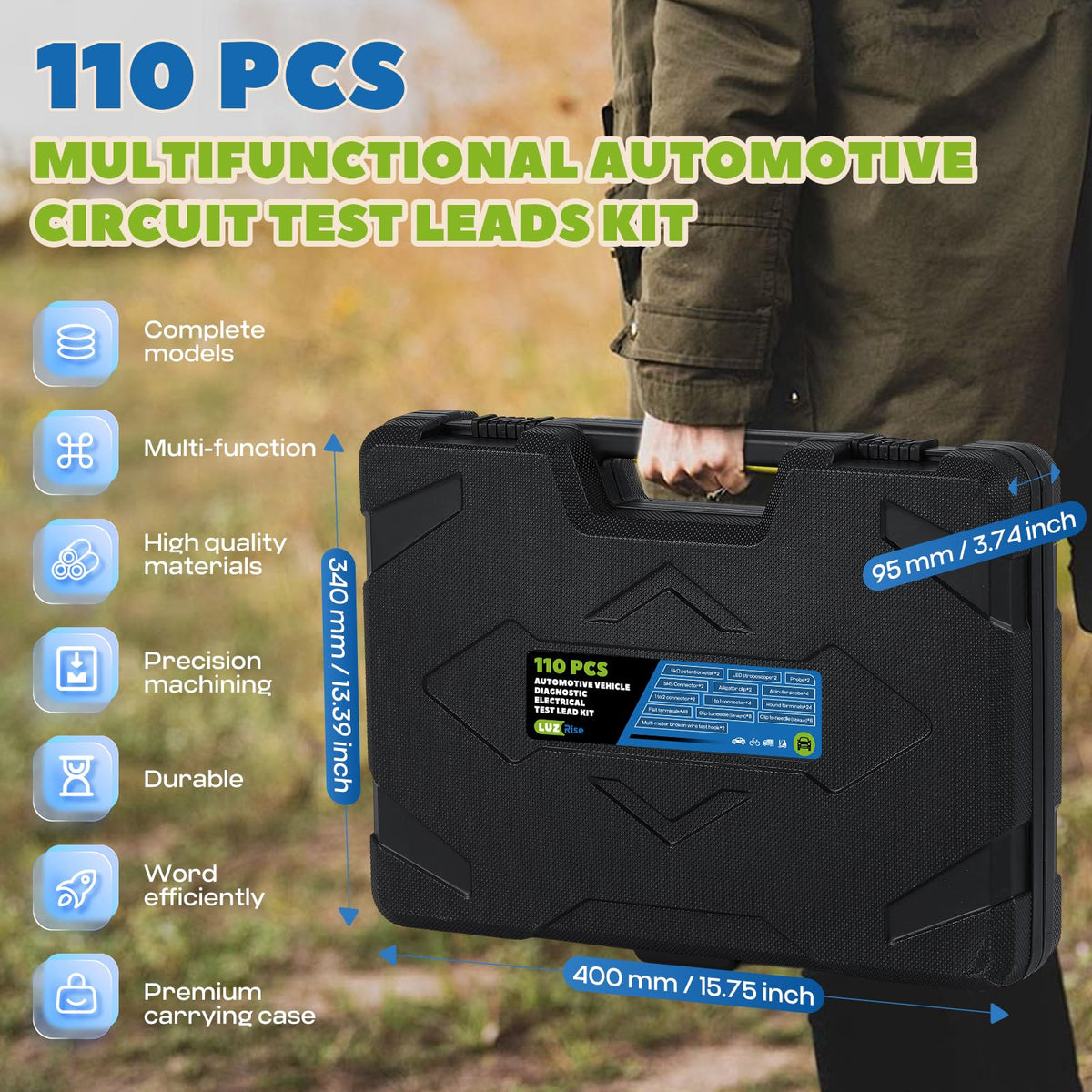 110 Pc Automotive Multimeter Test Leads Kit with Alligator Clips, Banana Plugs & Probes O10161