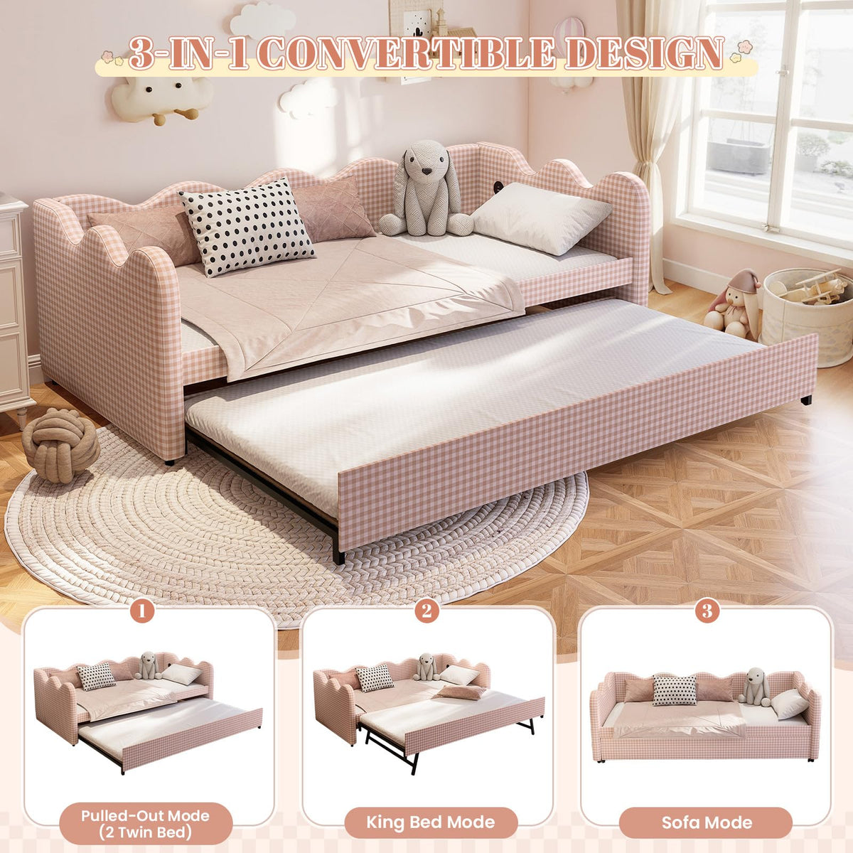 Pink Gingham Twin Size Daybed with Trundle X27010