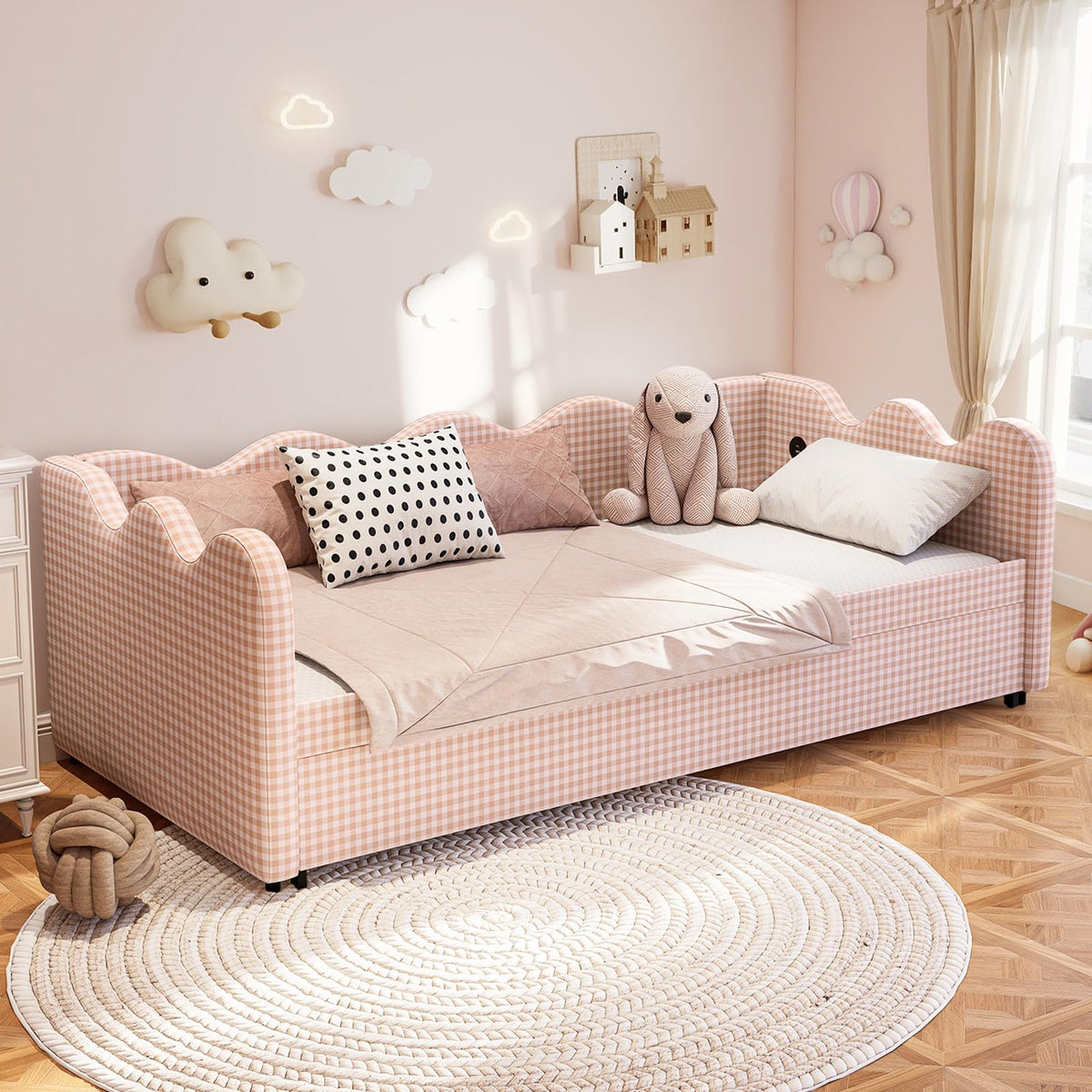 Pink Gingham Twin Size Daybed with Trundle X27010