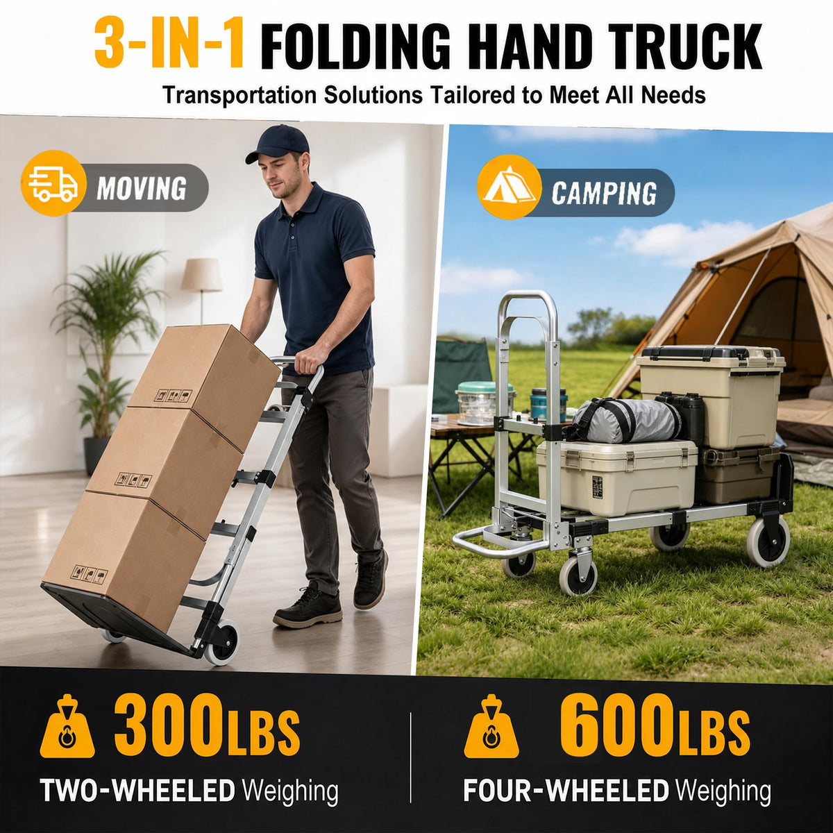 Folding Hand Truck 600lbs Capacity Heavy Duty Convertible Dolly with Retractable Handle and 4 Rubber Wheels Q658065