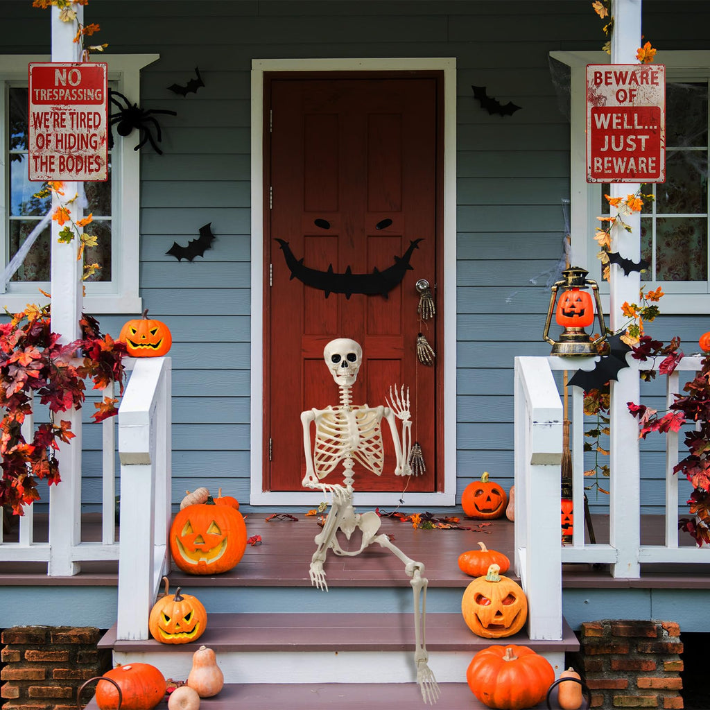 5.4 ft Posable Skeleton with 2 Pack Metal Signs V165985