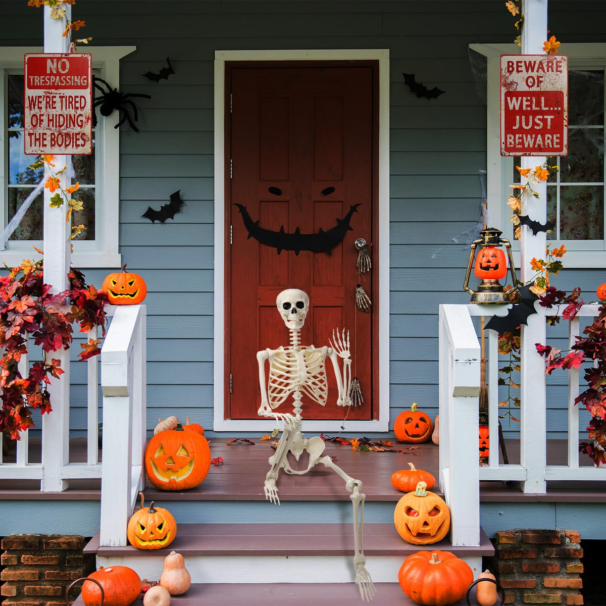 5.4 ft Posable Skeleton with 2 Pack Metal Signs V165985