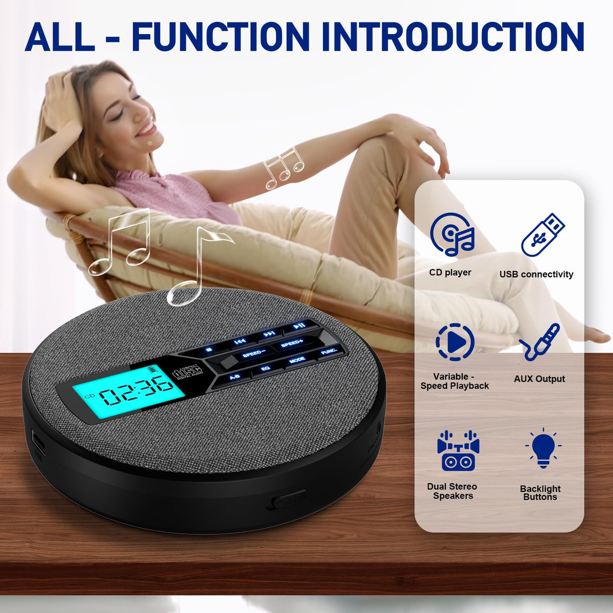 Portable Rechargeable CD Player with Dual Speakers, Black L6731