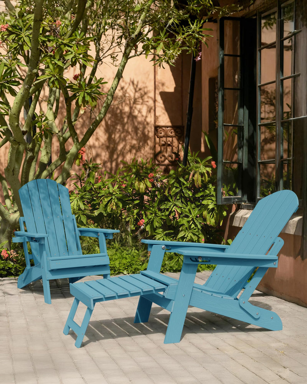 Blue Set of 2 Adirondack Chair with Footrest W561