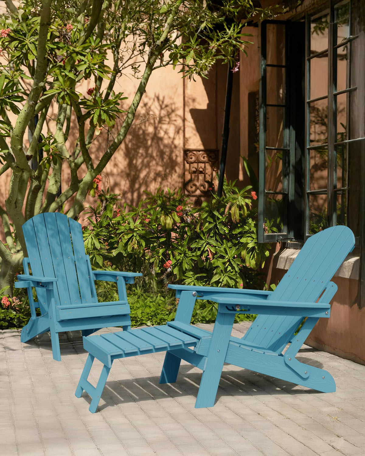 Blue Set of 2 Adirondack Chair with Footrest W561