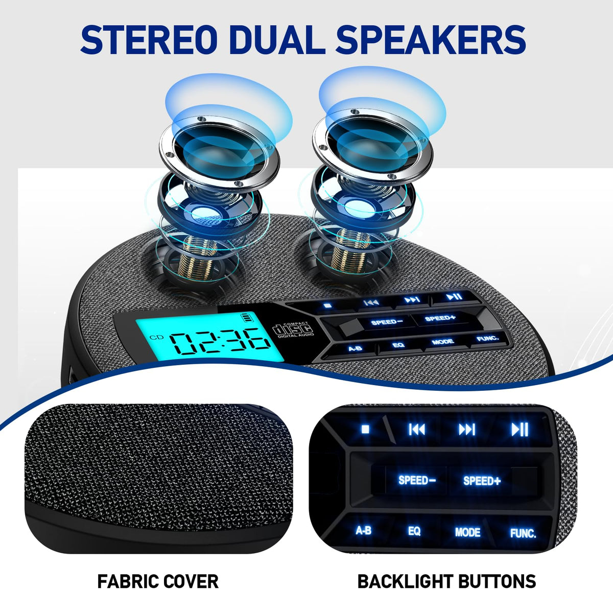 Portable Rechargeable CD Player with Dual Speakers, Black L6731