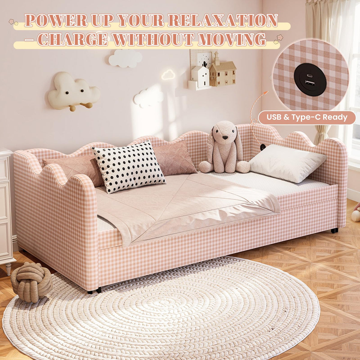 Pink Gingham Twin Size Daybed with Trundle X27010