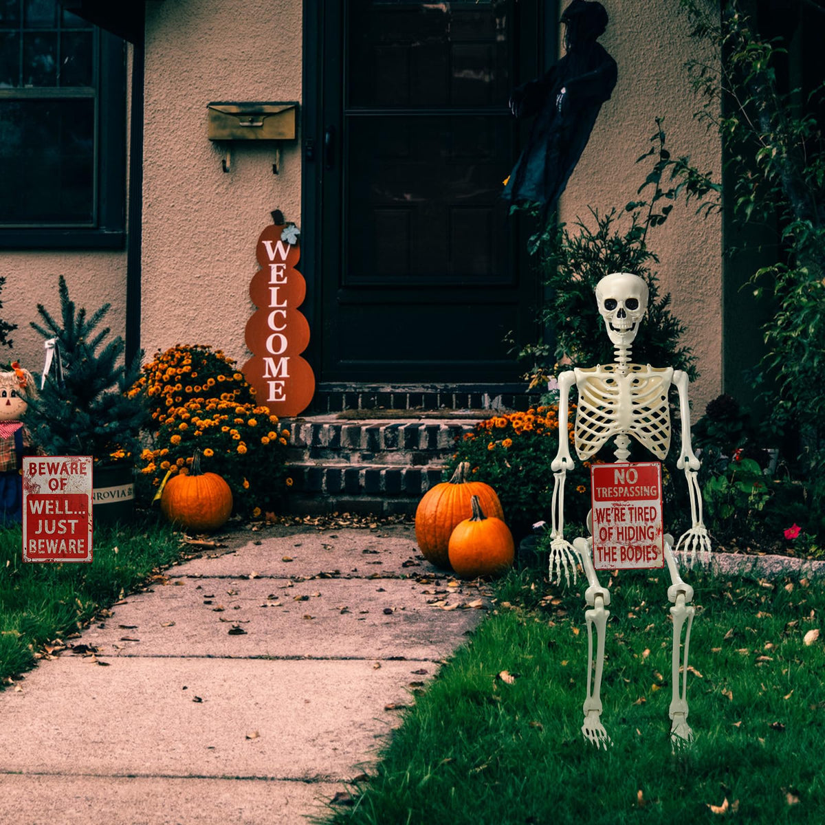 5.4 ft Posable Skeleton with 2 Pack Metal Signs V165985