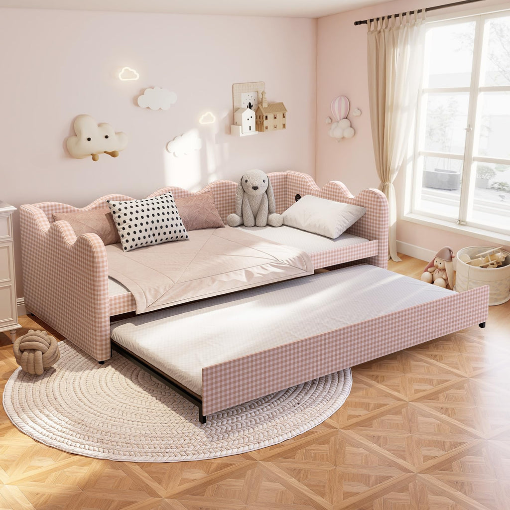 Pink Gingham Twin Size Daybed with Trundle X27010