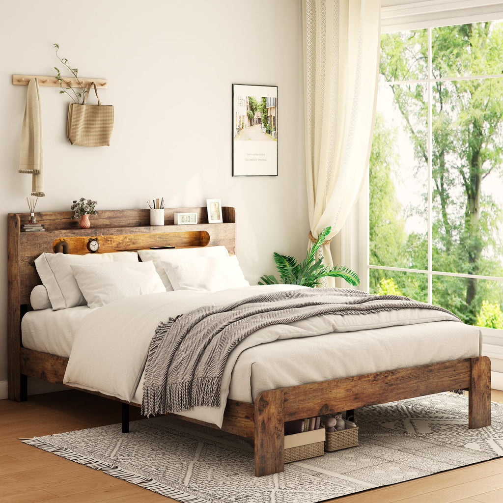 Wooden Full Bed Frame with Storage Headboard I772390