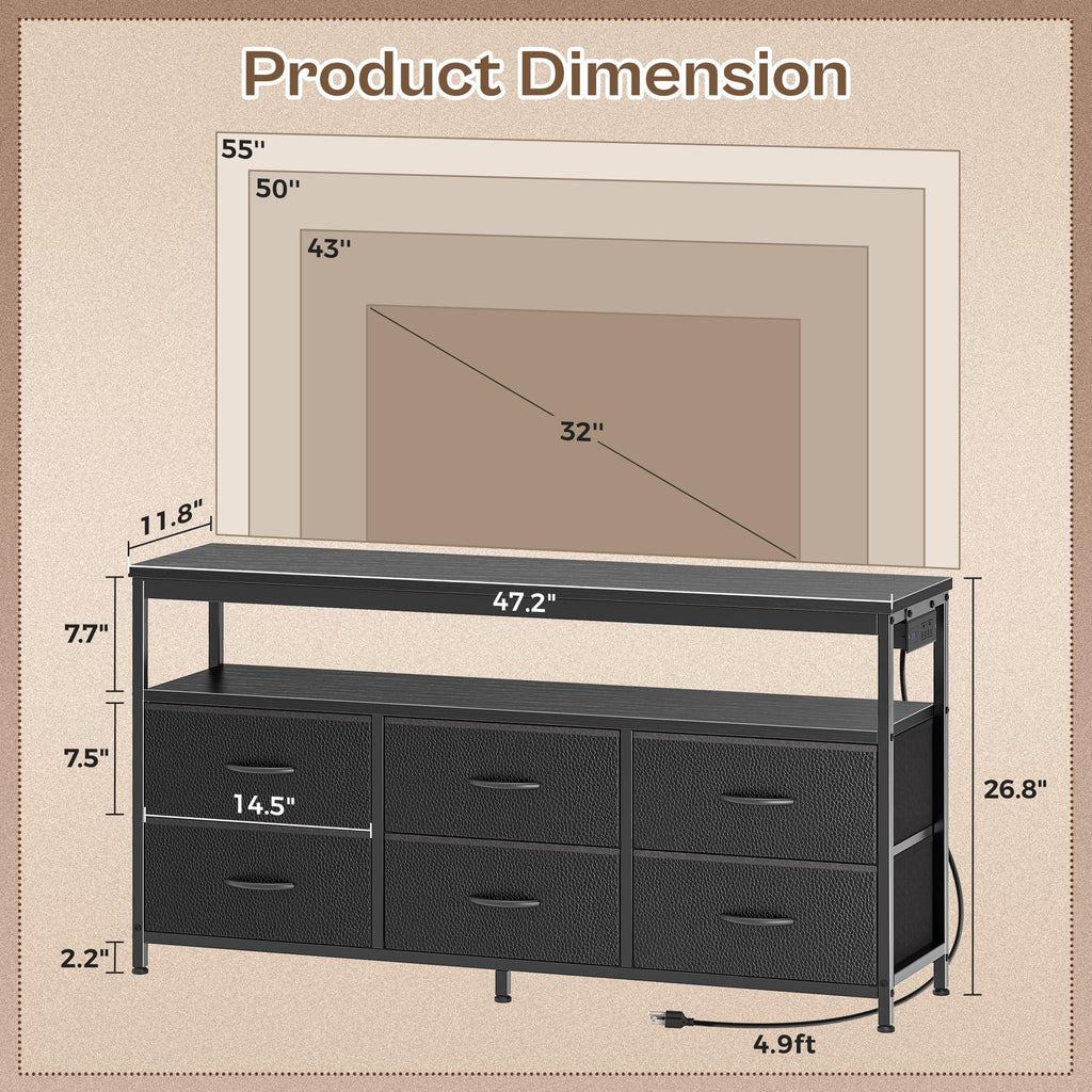 Black 47 Inch 6 Drawer TV Stand with Power Outlets M16660