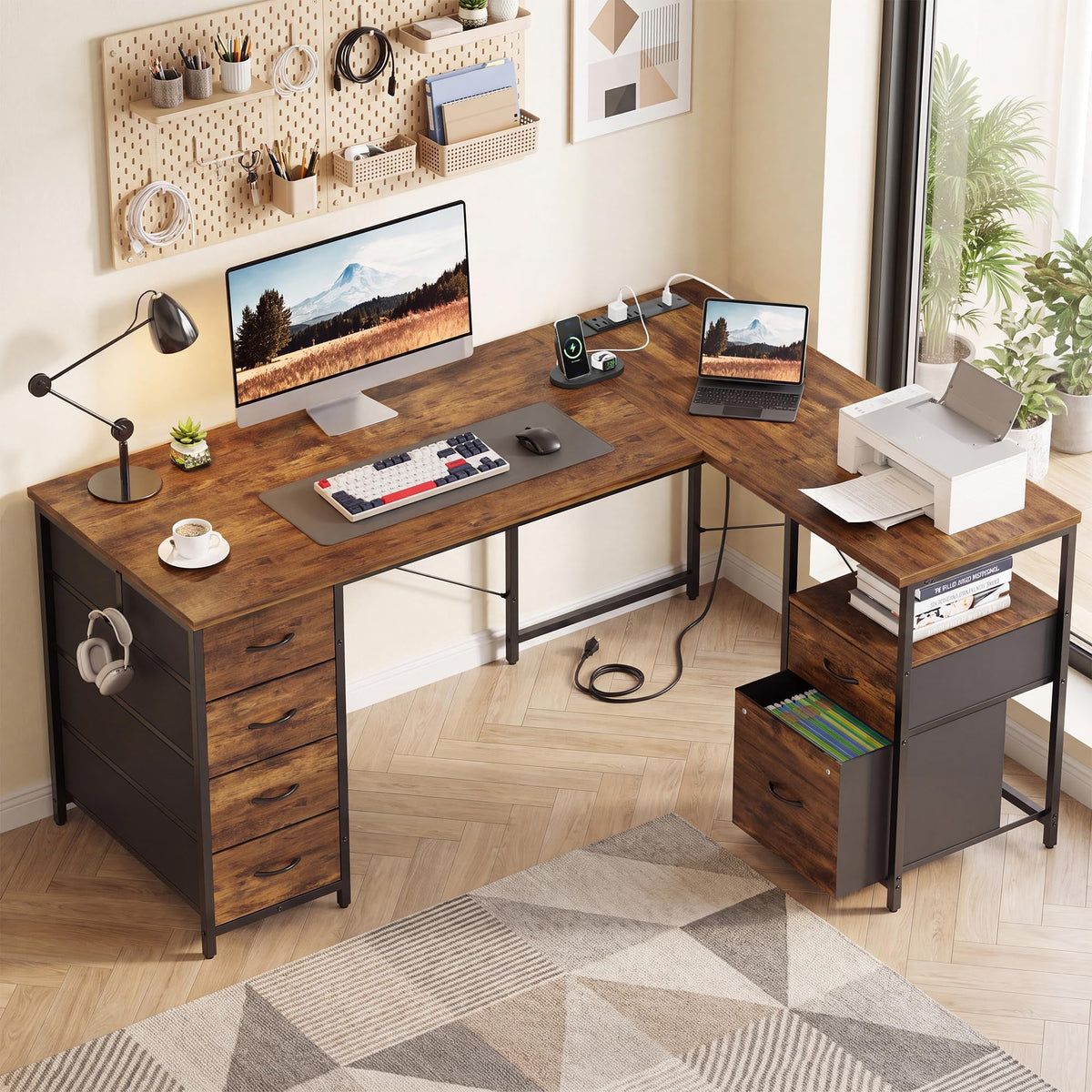 55 Inch L Shaped Office Desk with 6 Drawers X28071