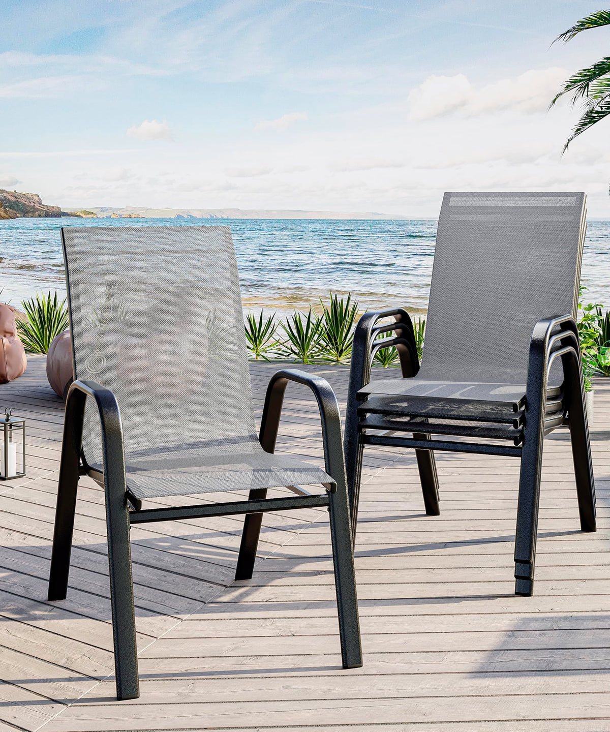 Stackable Outdoor Dining Chairs Set of 4 Textilene Fabric Metal Frame Grey B90244