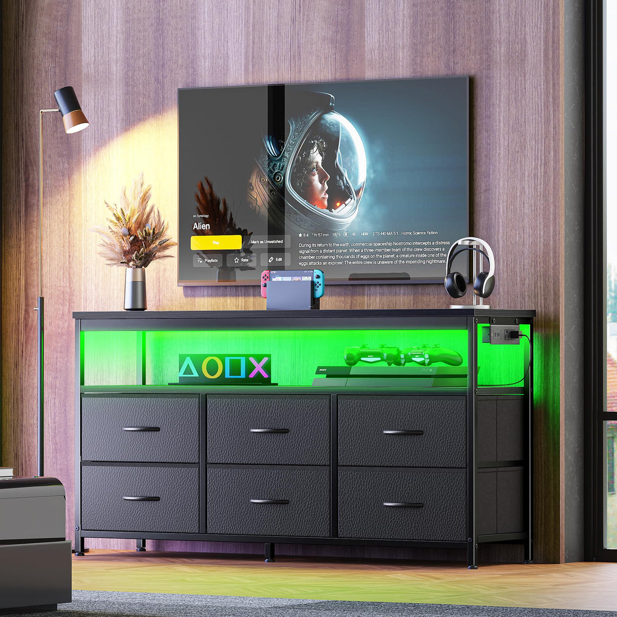 Black 47 Inch 6 Drawer TV Stand with Power Outlets M16660