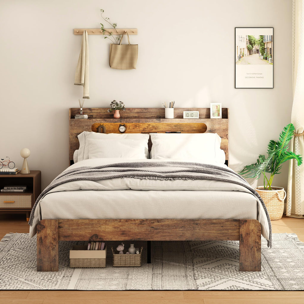 Wooden Full Bed Frame with Storage Headboard I772390