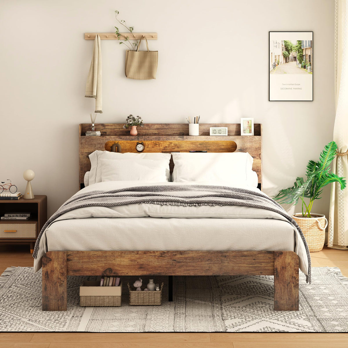 Wooden Full Bed Frame with Storage Headboard I772390