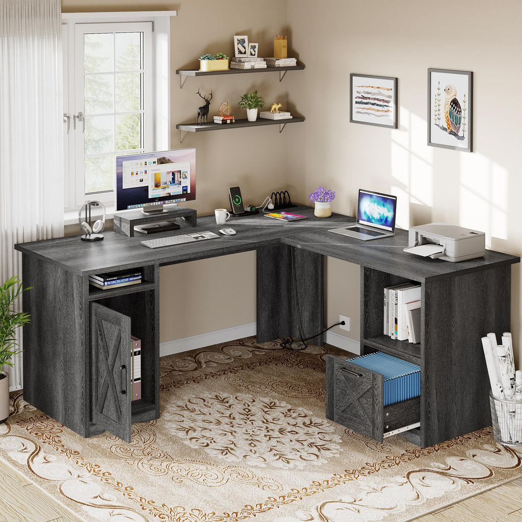 L Shaped Desk with Power Outlets P2590