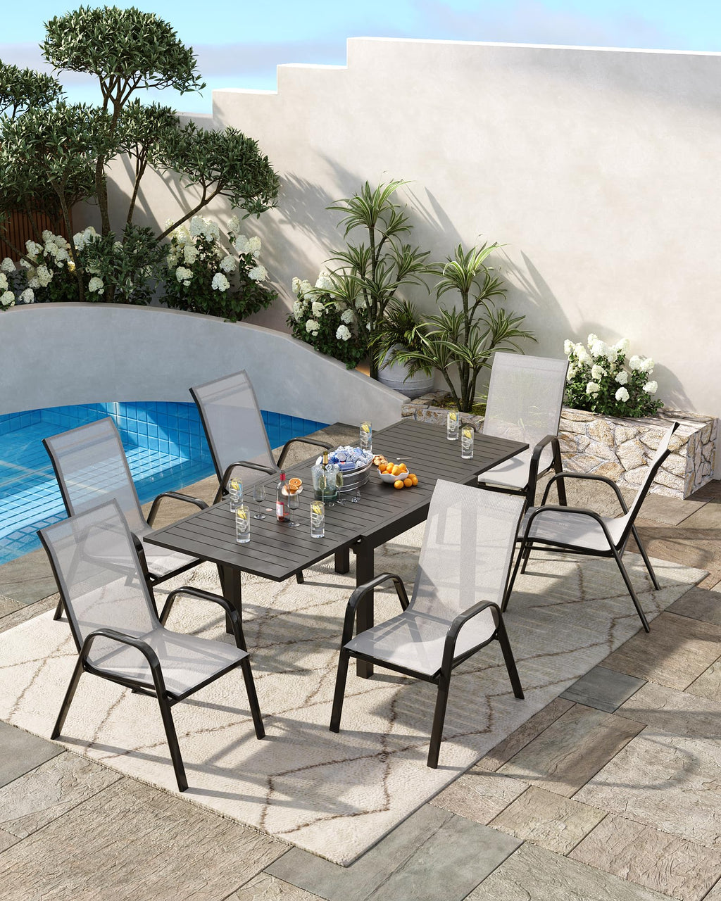 Stackable Outdoor Dining Chairs Set of 4 Textilene Fabric Metal Frame Grey B90244