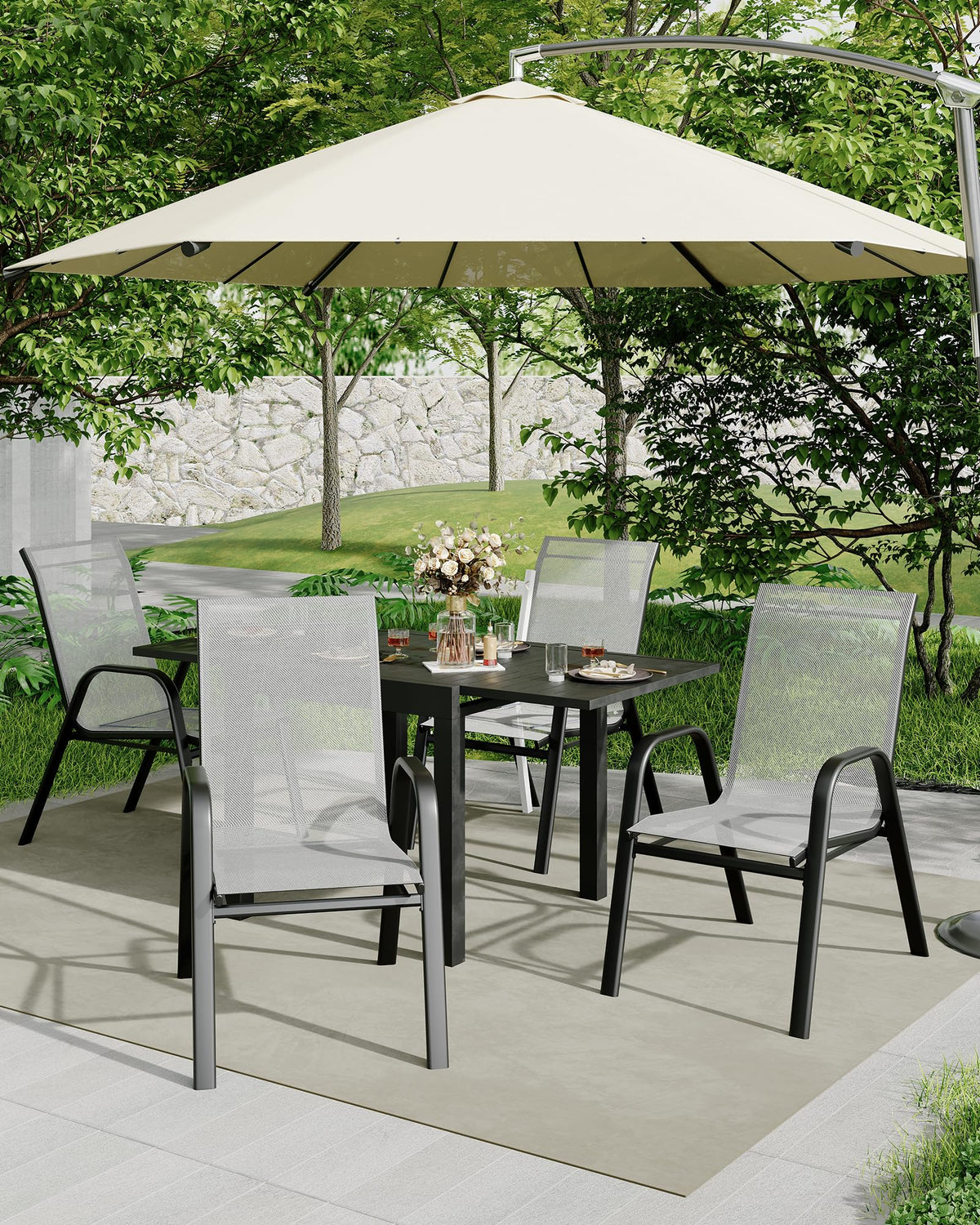 Stackable Outdoor Dining Chairs Set of 4 Textilene Fabric Metal Frame Grey B90244