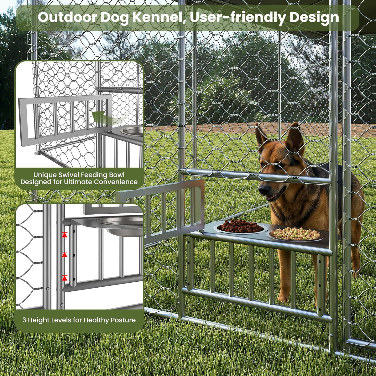10x15FT Outdoor Dog Kennel with Bowls & Roof L166