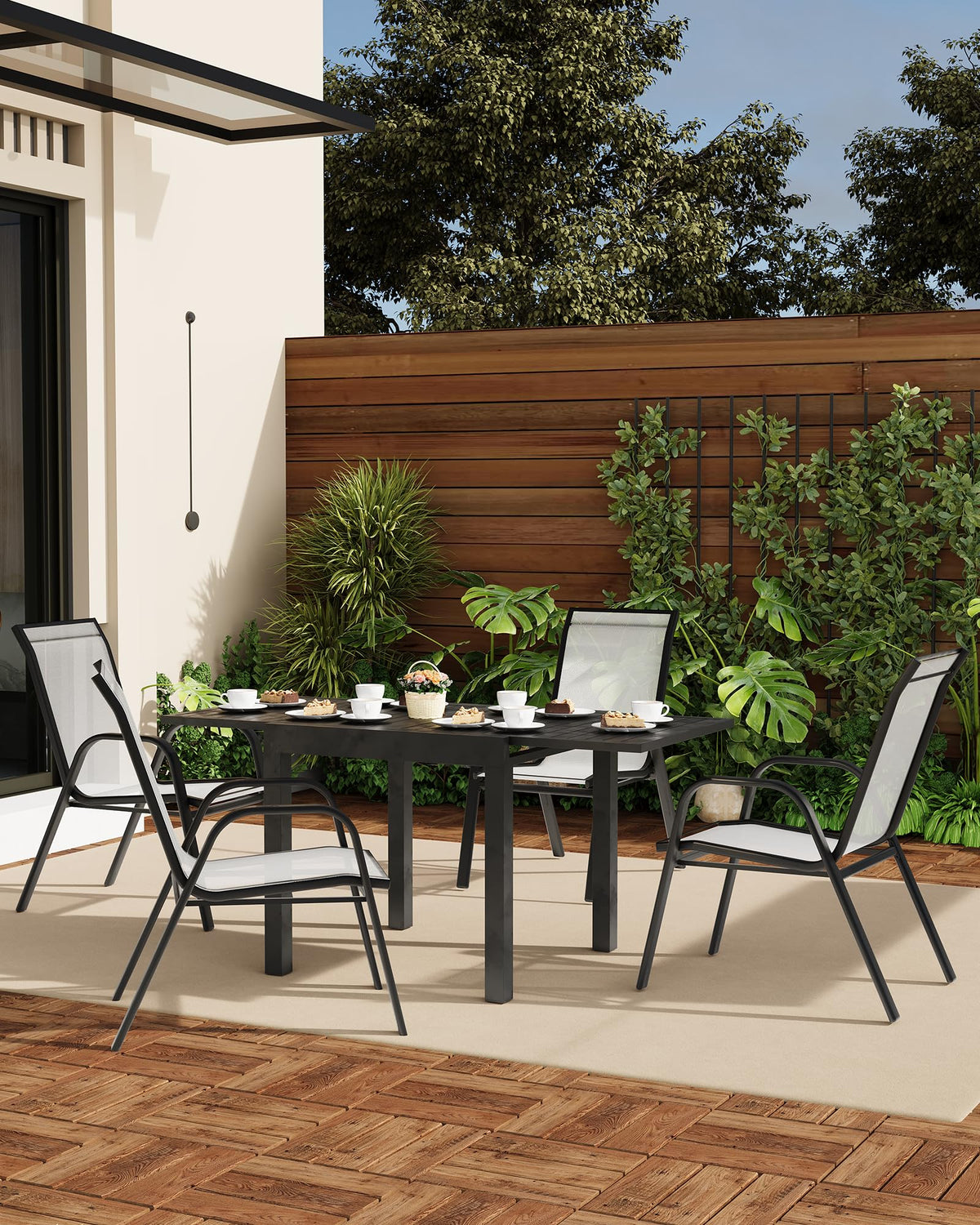 Stackable Outdoor Dining Chairs Set of 4 Textilene Fabric Metal Frame Grey B90244