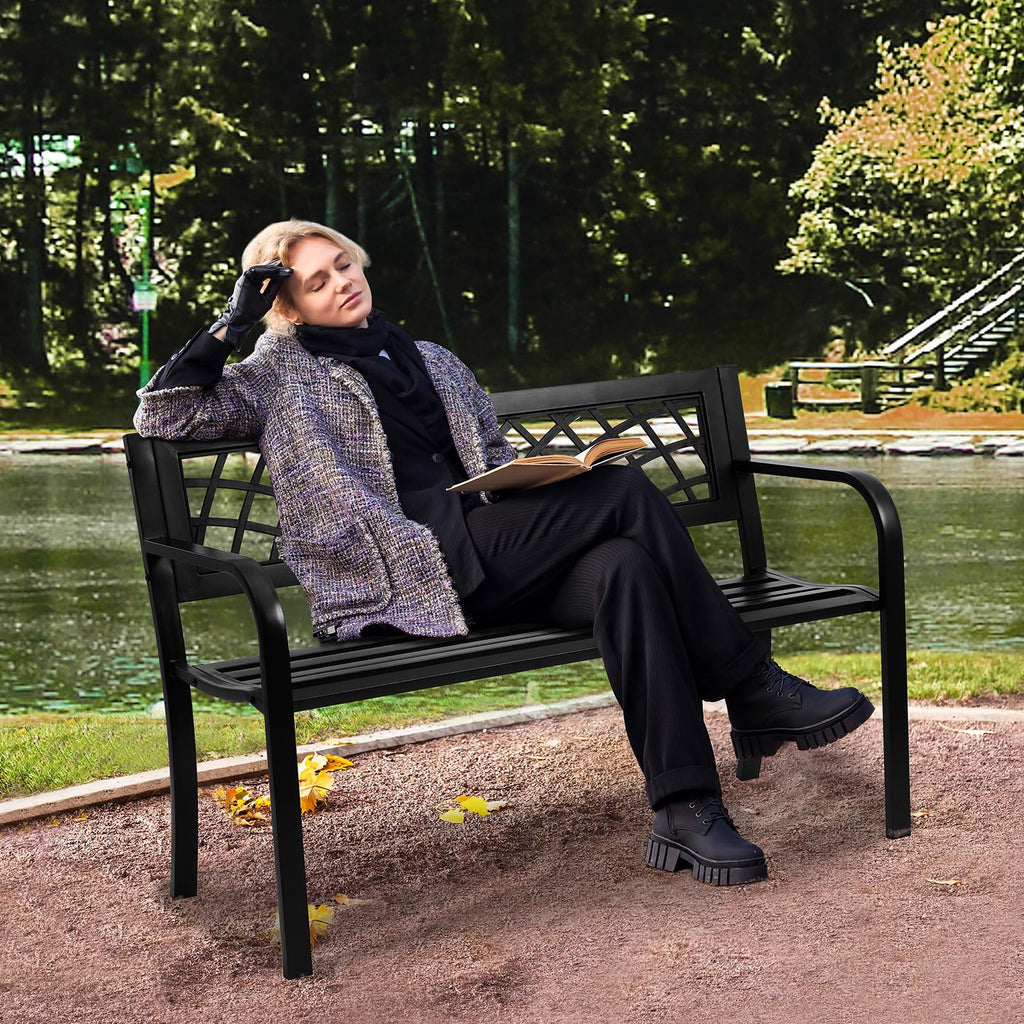 46" Iron Steel Frame Garden Bench with Mesh Pattern and Plastic Backrest T749